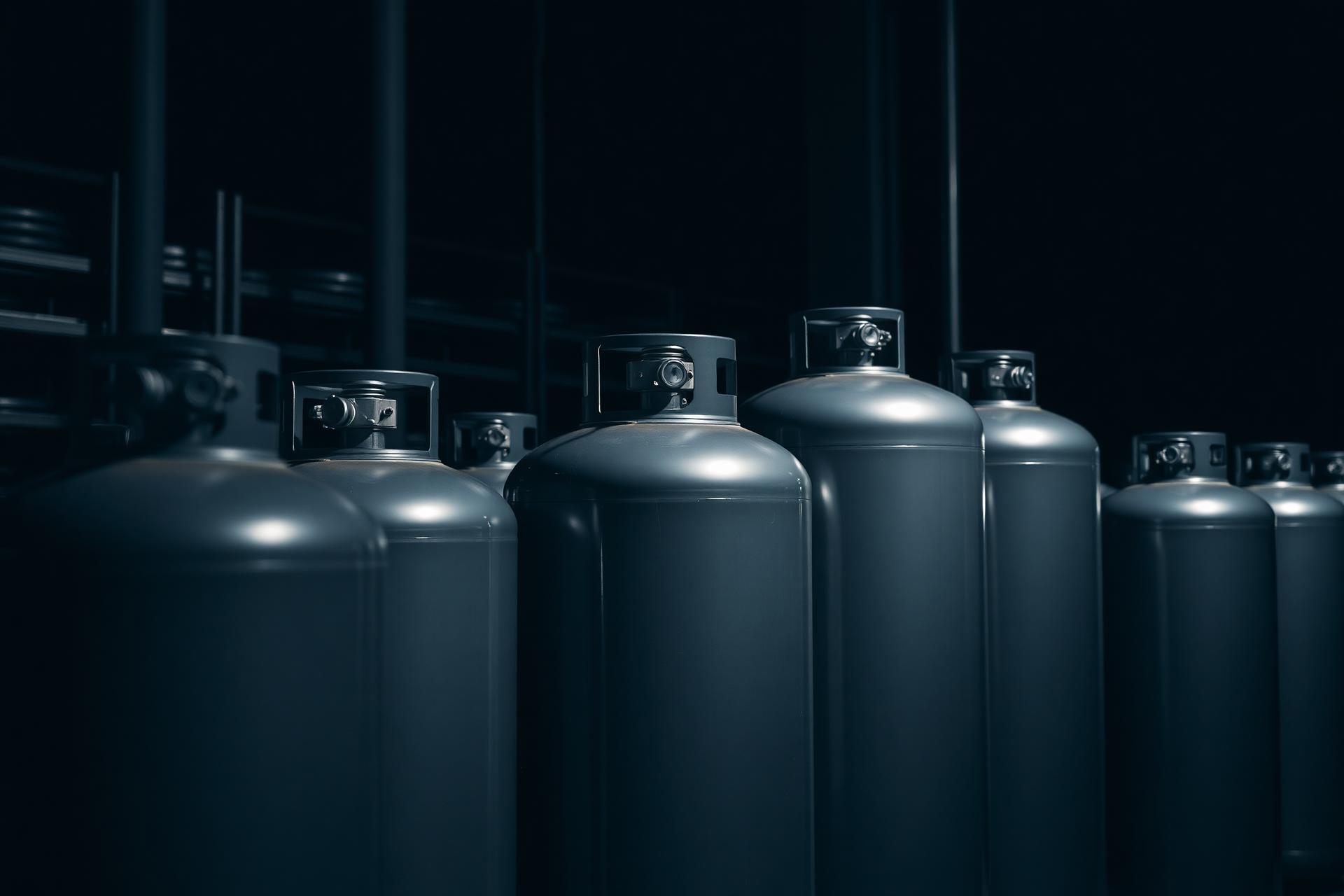 Botellas industriales de gas refrigerante en almacén Rogla